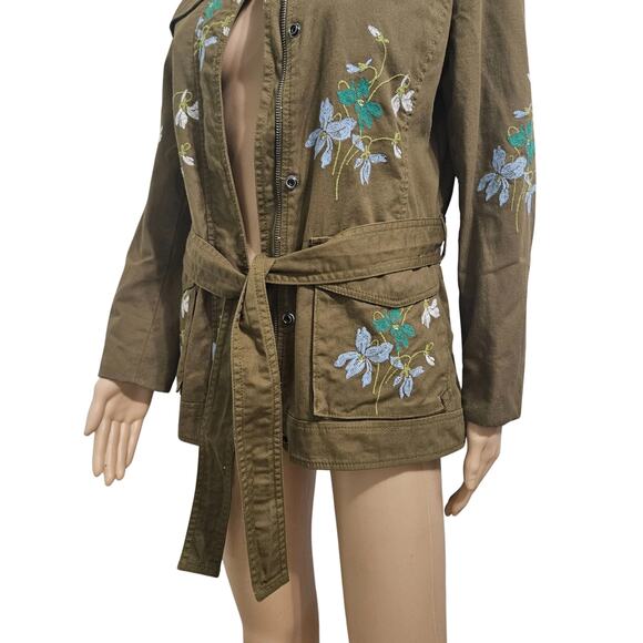 Olive Embroidered Floral Belted Zip Up Utility Standing Collar Jacket Size Med - Picture 9 of 10
